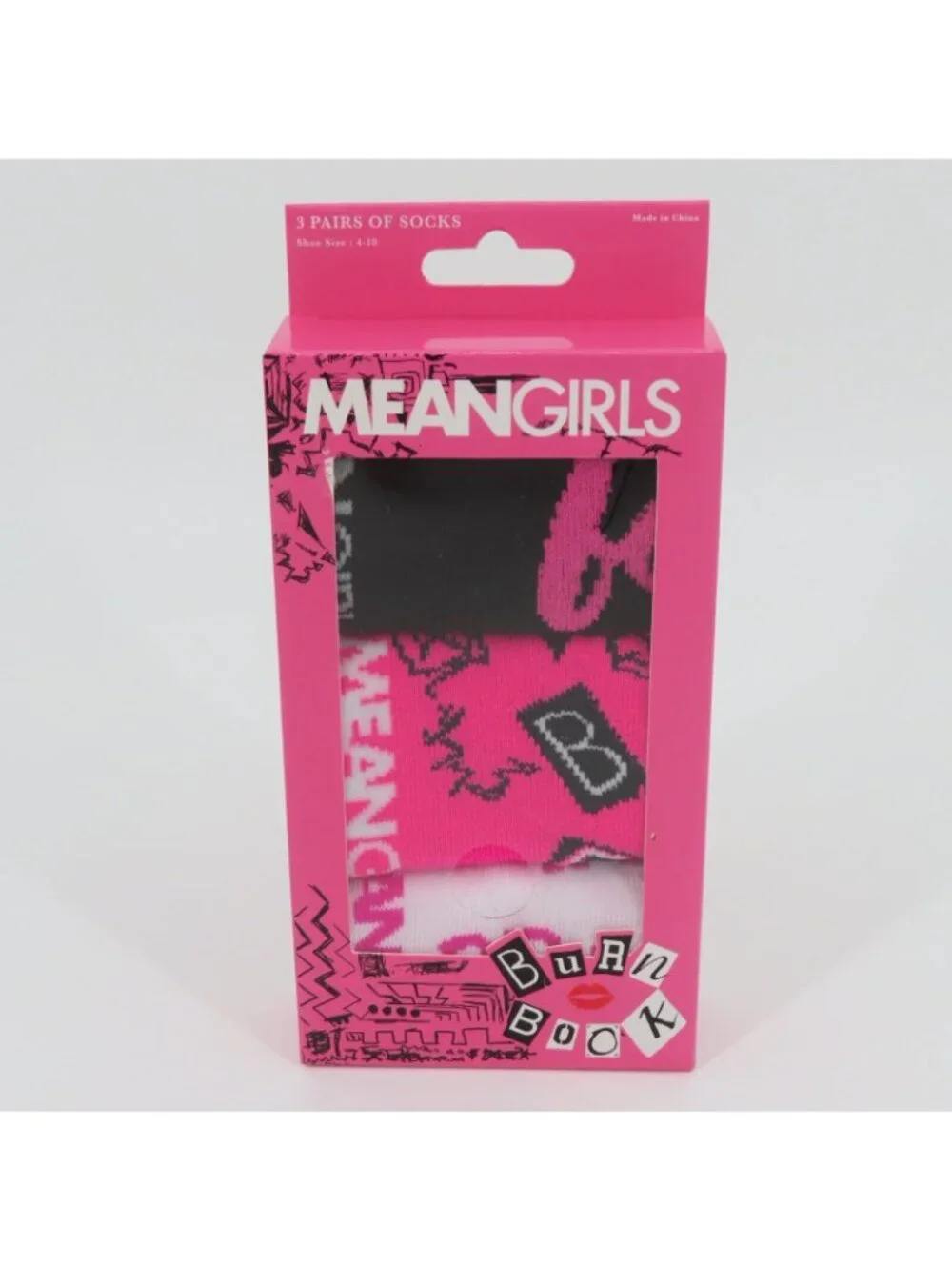 NEW Mean Girls 3 Pairs Women Socks Size 4-10 Burn Book Pink Black Novelty Movie
